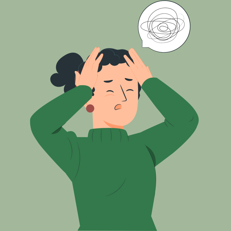 Illustration einer Frau mit den Händen am Kopf, die Überforderung oder Anspannung zeigt - Symbol für körperliche Stressreaktionen.