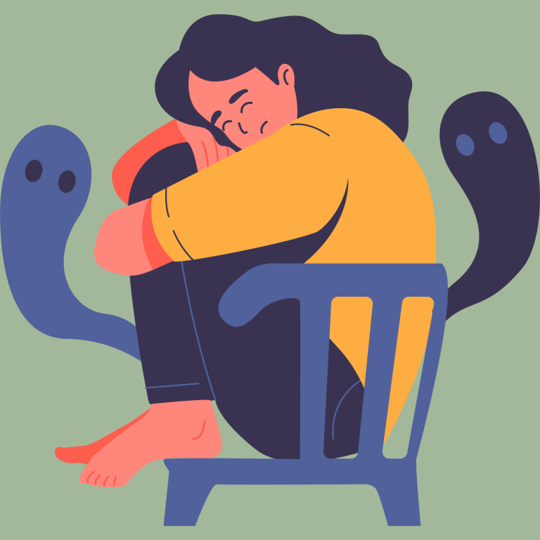 Illustration einer Frau, die zusammengerollt auf einem Stuhl sitzt - Symbol für emotionale Überflutung und innere Anspannung.