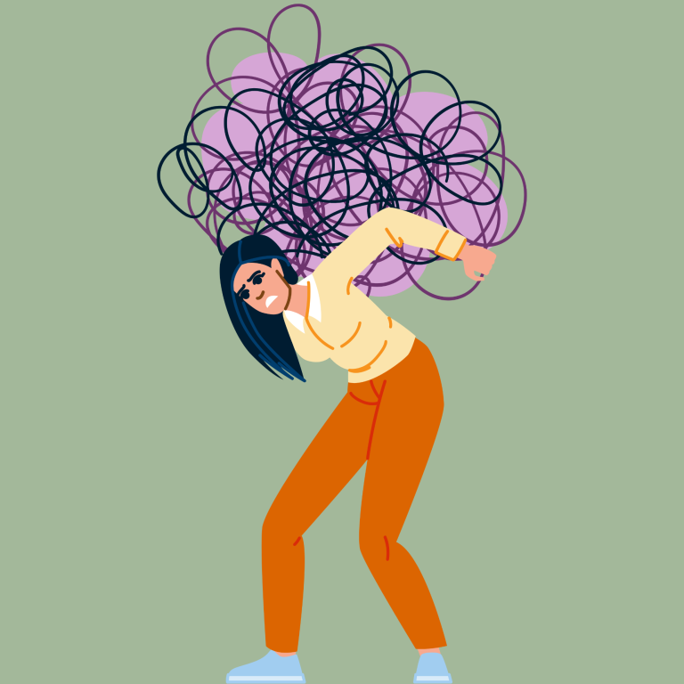 Illustration einer Frau, die eine chaotische Last auf dem Rücken trägt - Symbol für Überforderung, Kontrolle und alte Schutzmuster im Alltag